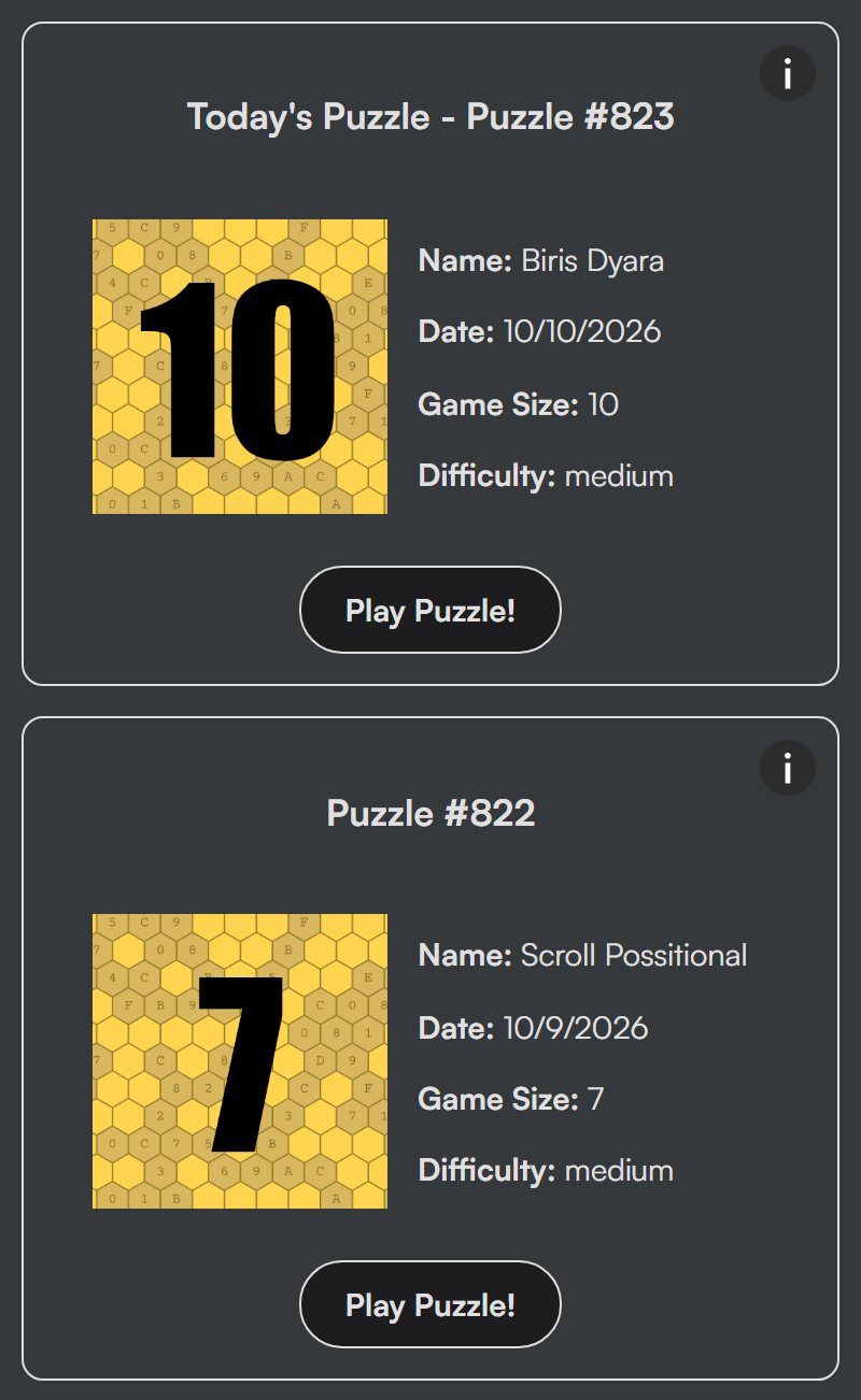 The Hexakai daily puzzle archive, showing today's puzzle and a previous daily puzzle