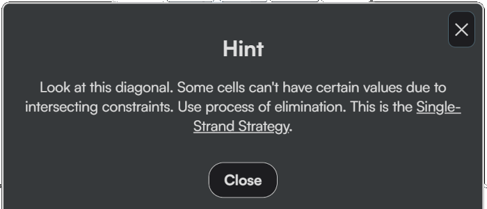 Strategy-based hint showing the Single-Strand Strategy with a link to learn more