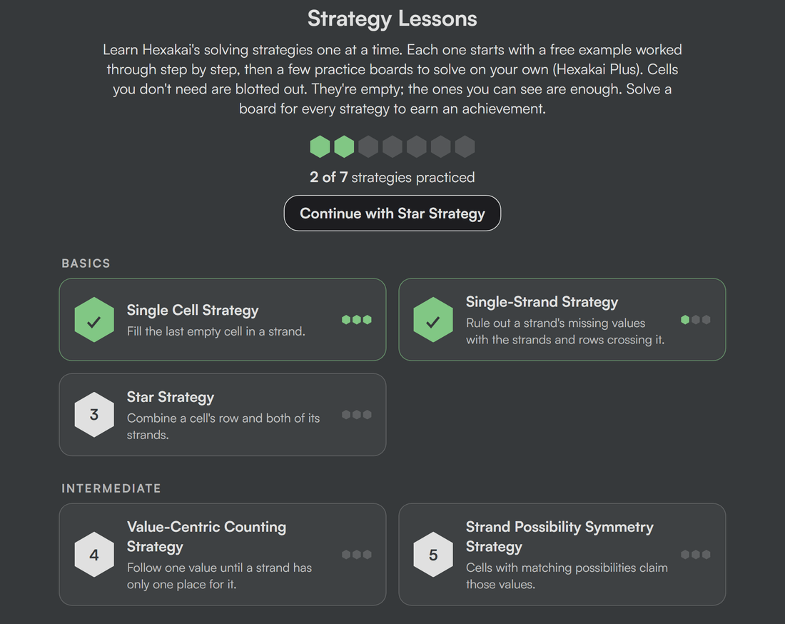 The Strategy Lessons page, listing the seven strategies from Basics to Advanced, with two already practiced
